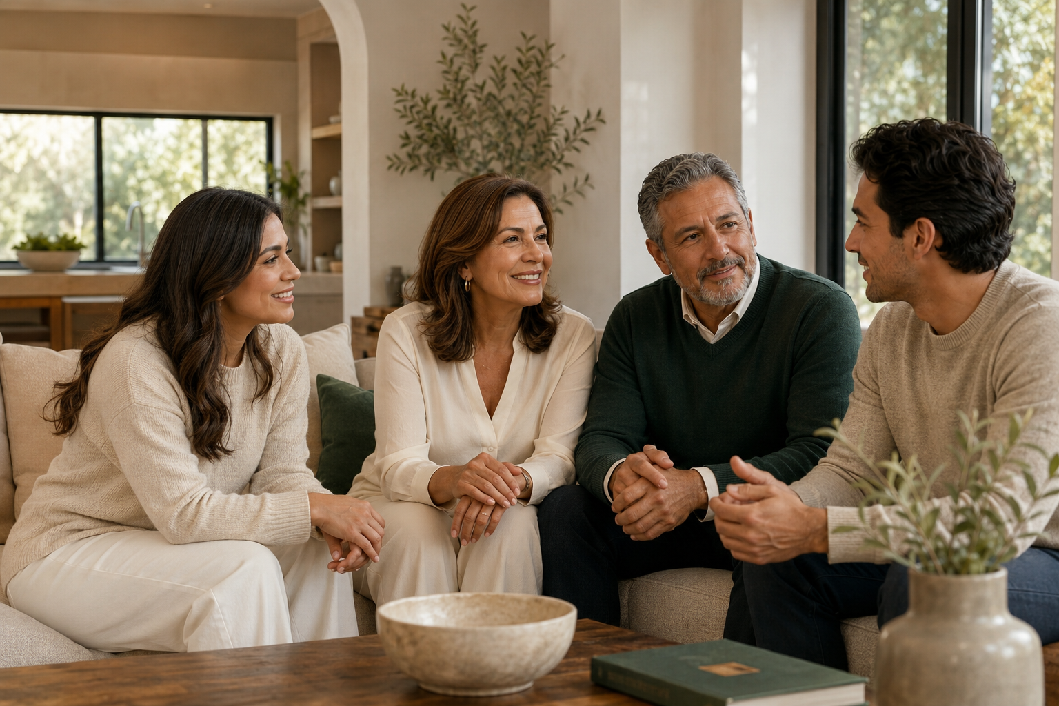 Familia multigeneracional reunida en un ambiente cálido y elegante